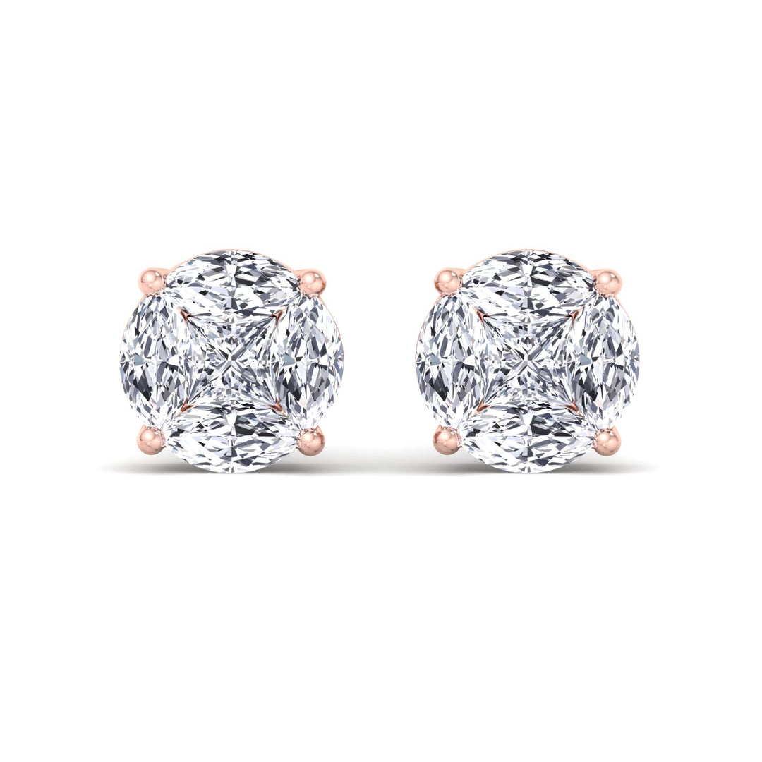 Marquise and Princess Shape Natural Diamond Clustered Stud Earrings
