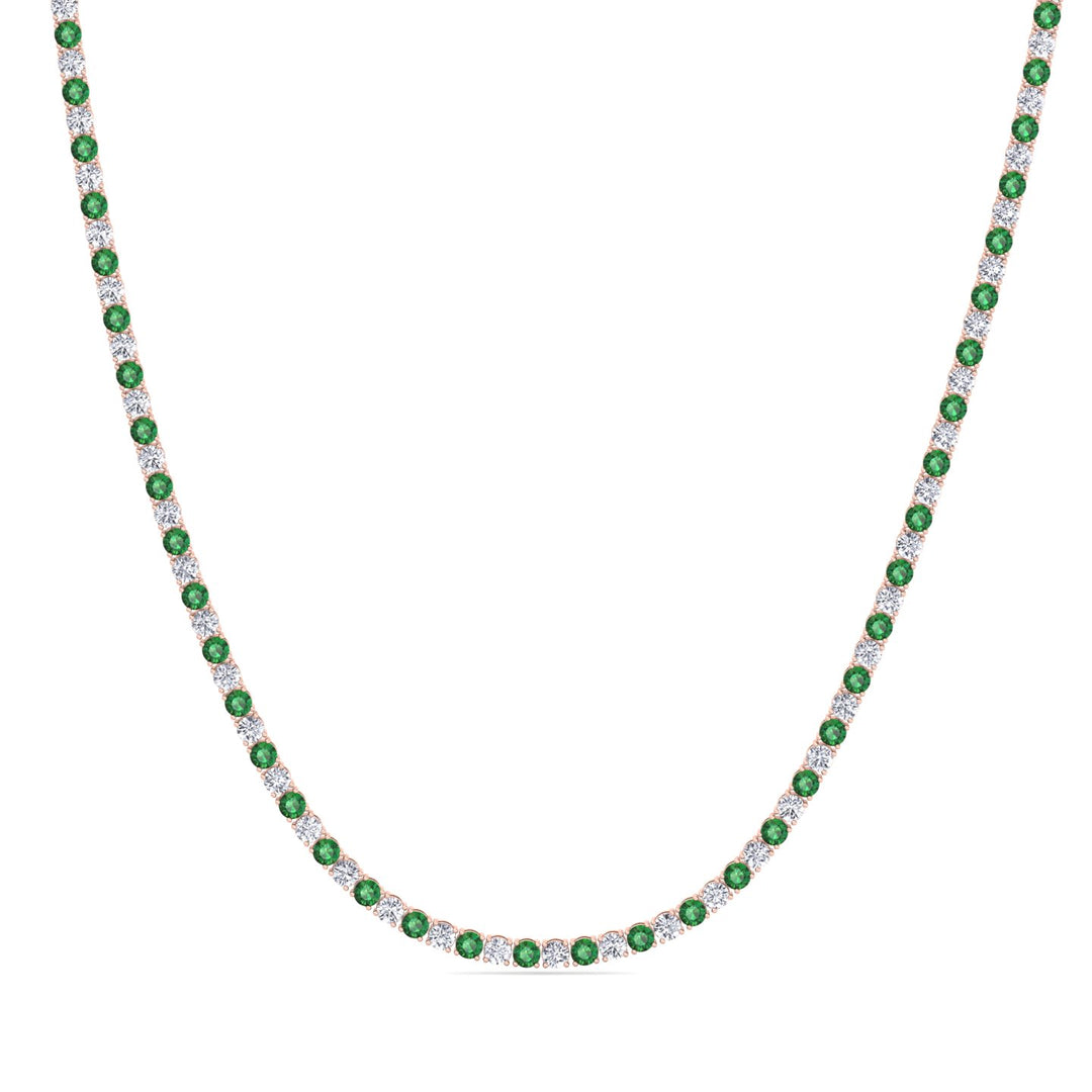Alternating Green Emerald and Natural Diamond Tennis Necklace 14K Solid Gold