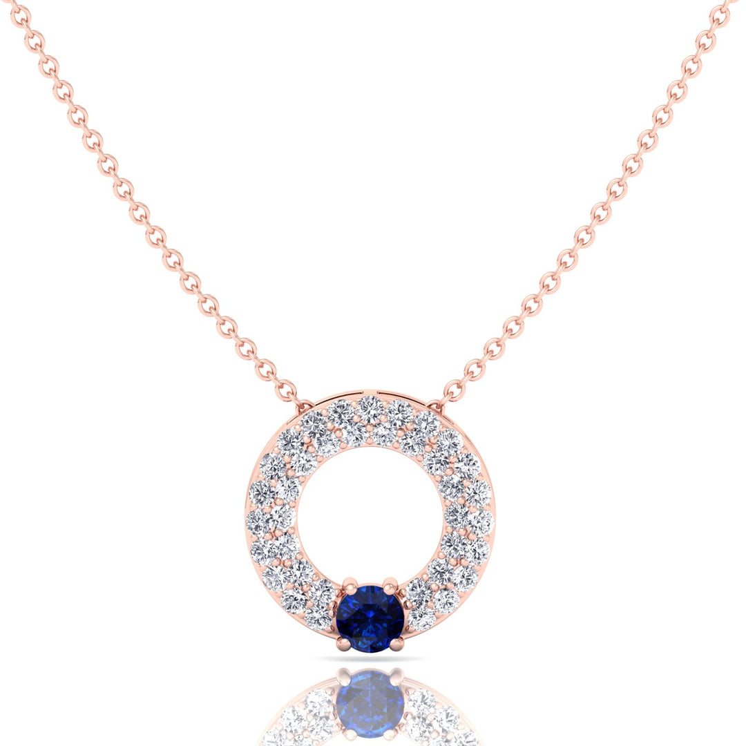 Round Shape Natural Diamond & Blue Sapphire Open Circle Pendant-1.25CT-Rose Gold