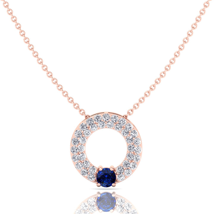 Round Shape Natural Diamond & Blue Sapphire Open Circle Pendant-1.25CT-Rose Gold