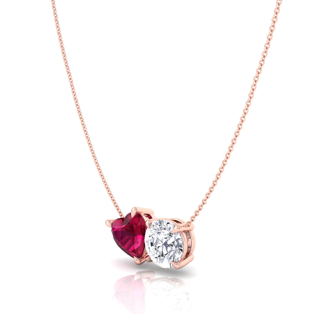Toi Et Moi Natural Ruby Heart and Round Diamond Pendant-4CT-14K-18K-Rose Gold