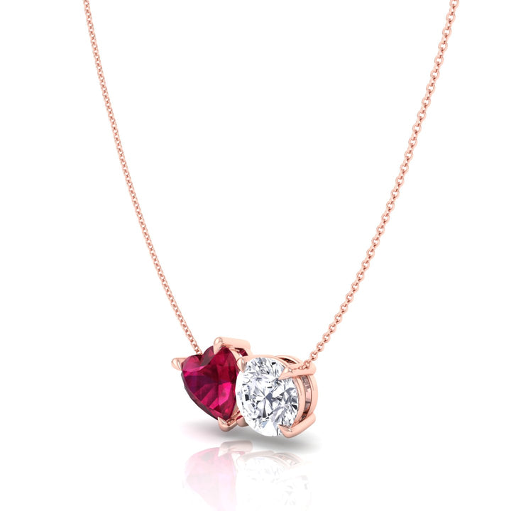 Toi Et Moi Natural Ruby Heart and Round Diamond Pendant-4CT-14K-18K-Rose Gold