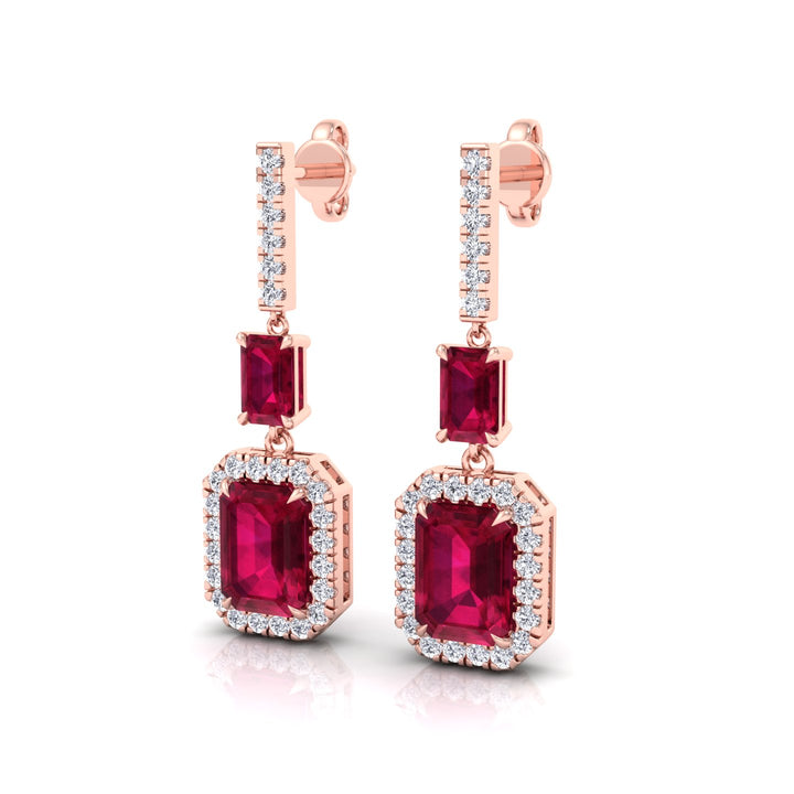 Natural Red Ruby Emerald Shape & Diamond Drop Earrings- Rose Gold -  14K
