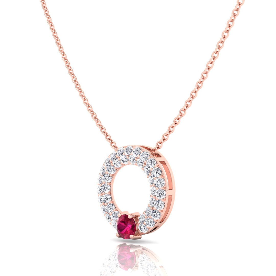 Round Shape Natural Diamond & Red Ruby Open Circle Pendant-1.25CT--18K-Rose Gold