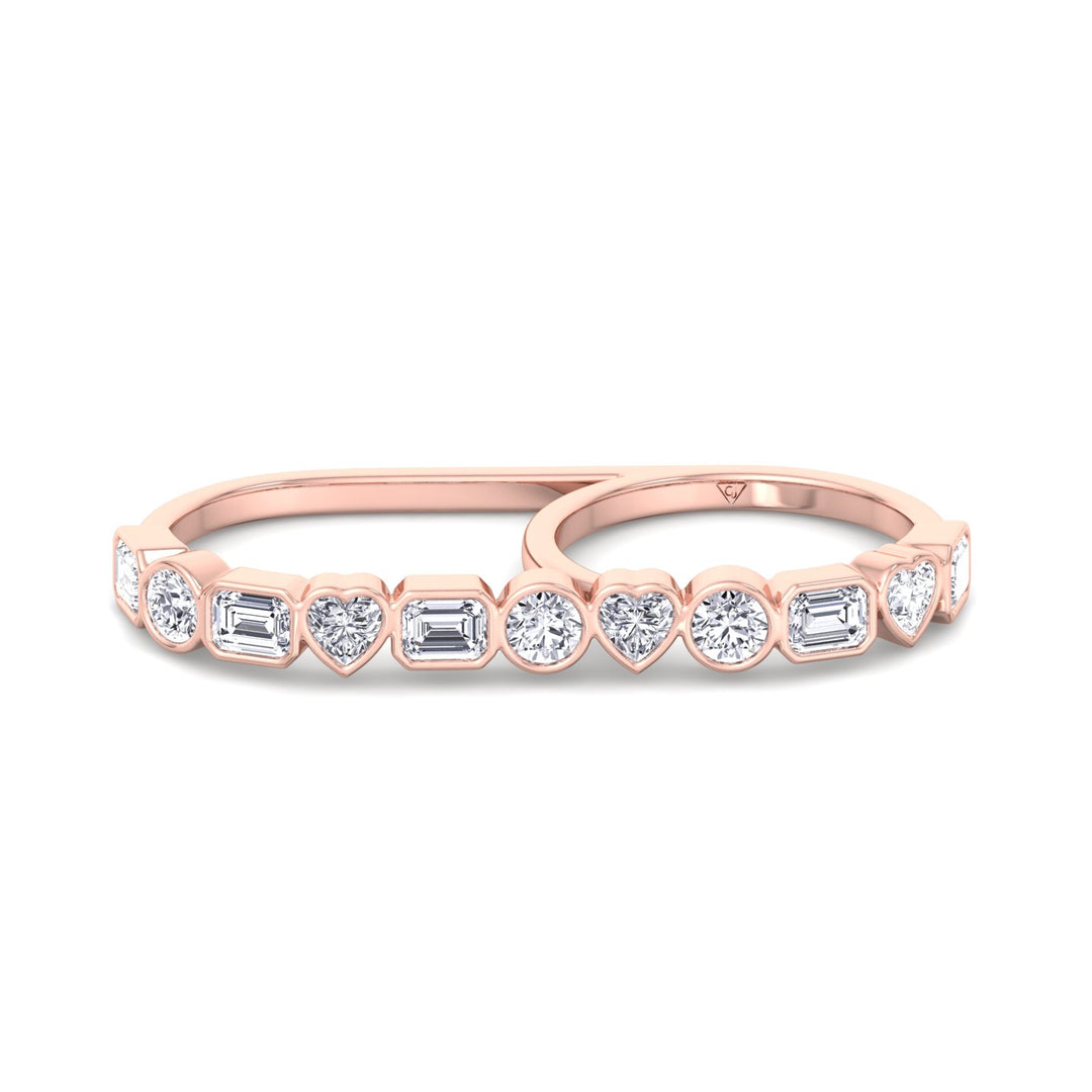Fancy Bezel Multi Shape Natural Diamond Two Finger Ring Rose Gold 2CT