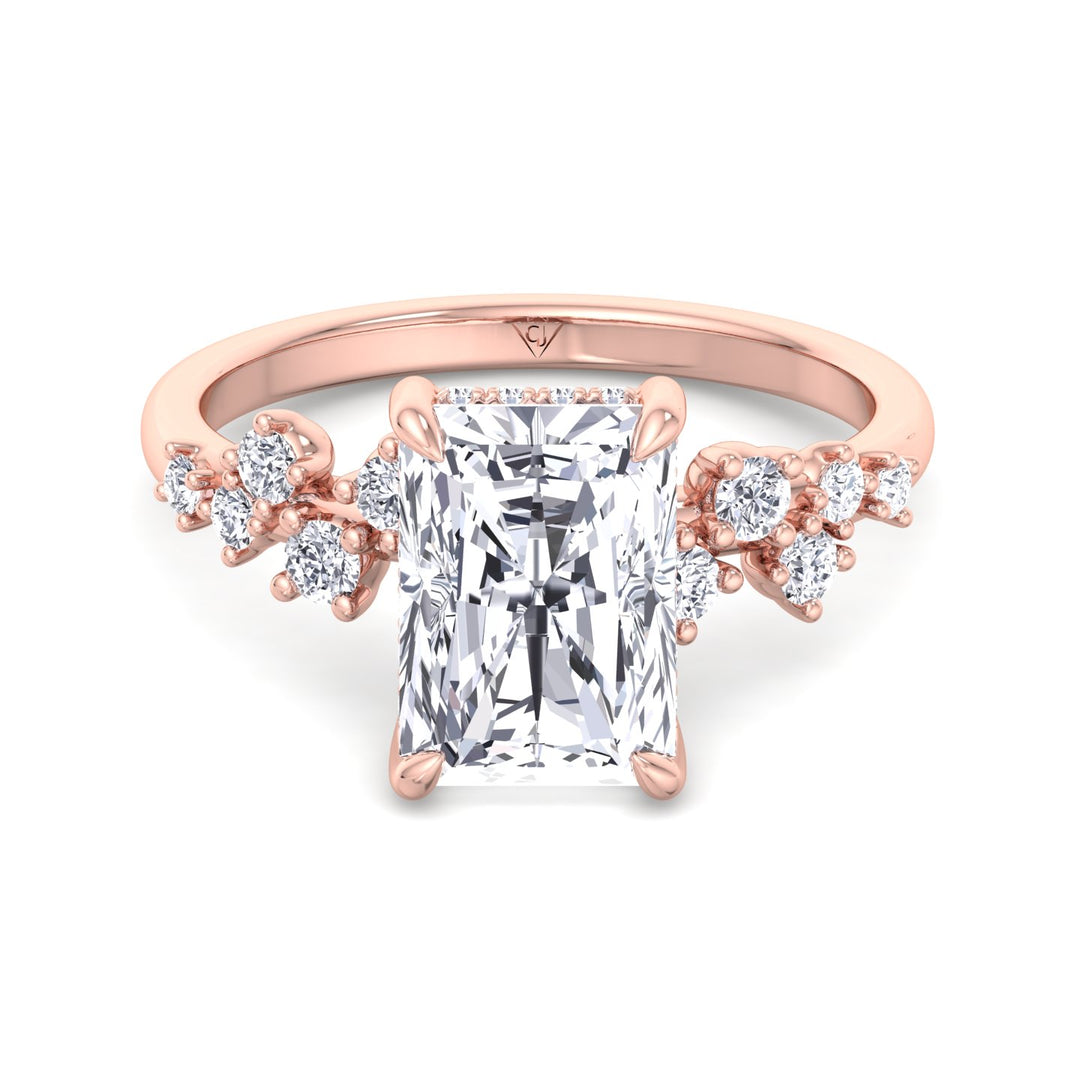 Carmela - Radiant Shape Hidden Halo Diamond Engagement Ring With Clustered Side Stones - Gem Jewelers Co