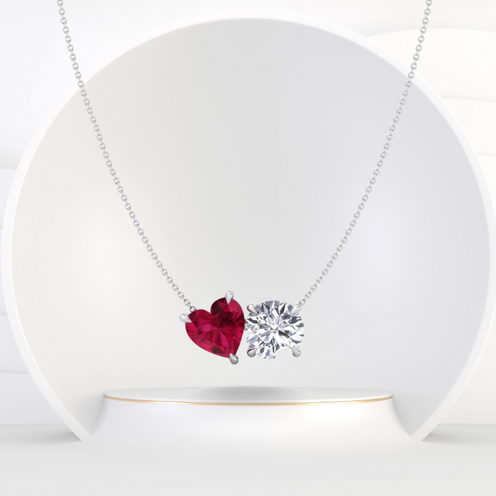 Toi Et Moi Natural Ruby Heart and Round Diamond Pendant -2CT-4CT-14K-18K