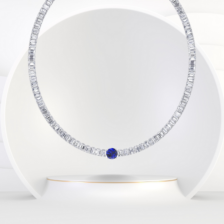 Natural Round Sapphire and Emerald Diamond Tennis Necklace