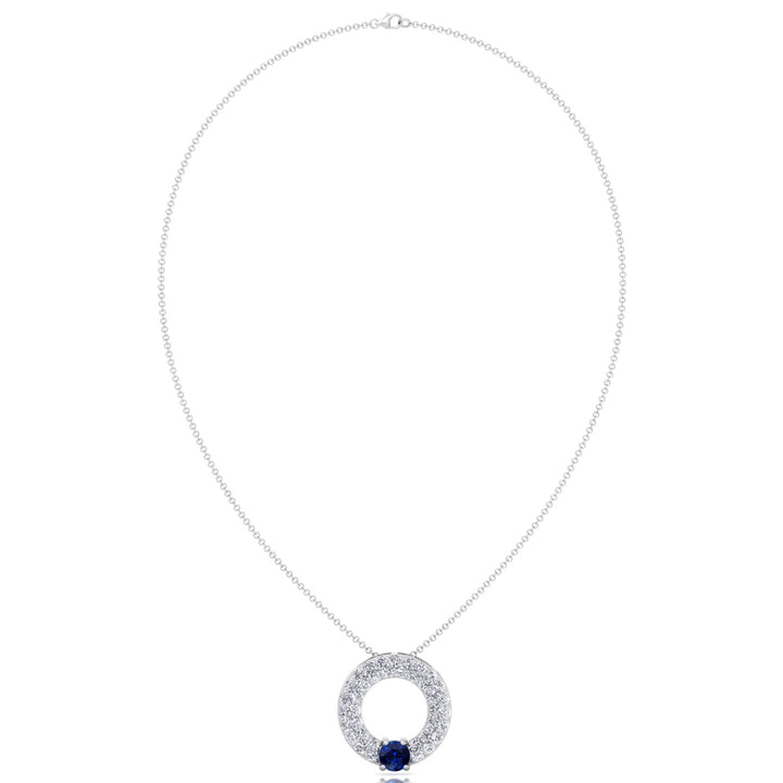 Round Shape Natural Diamond & Blue Sapphire Open Circle Pendant-1.25CT-18K-White Gold