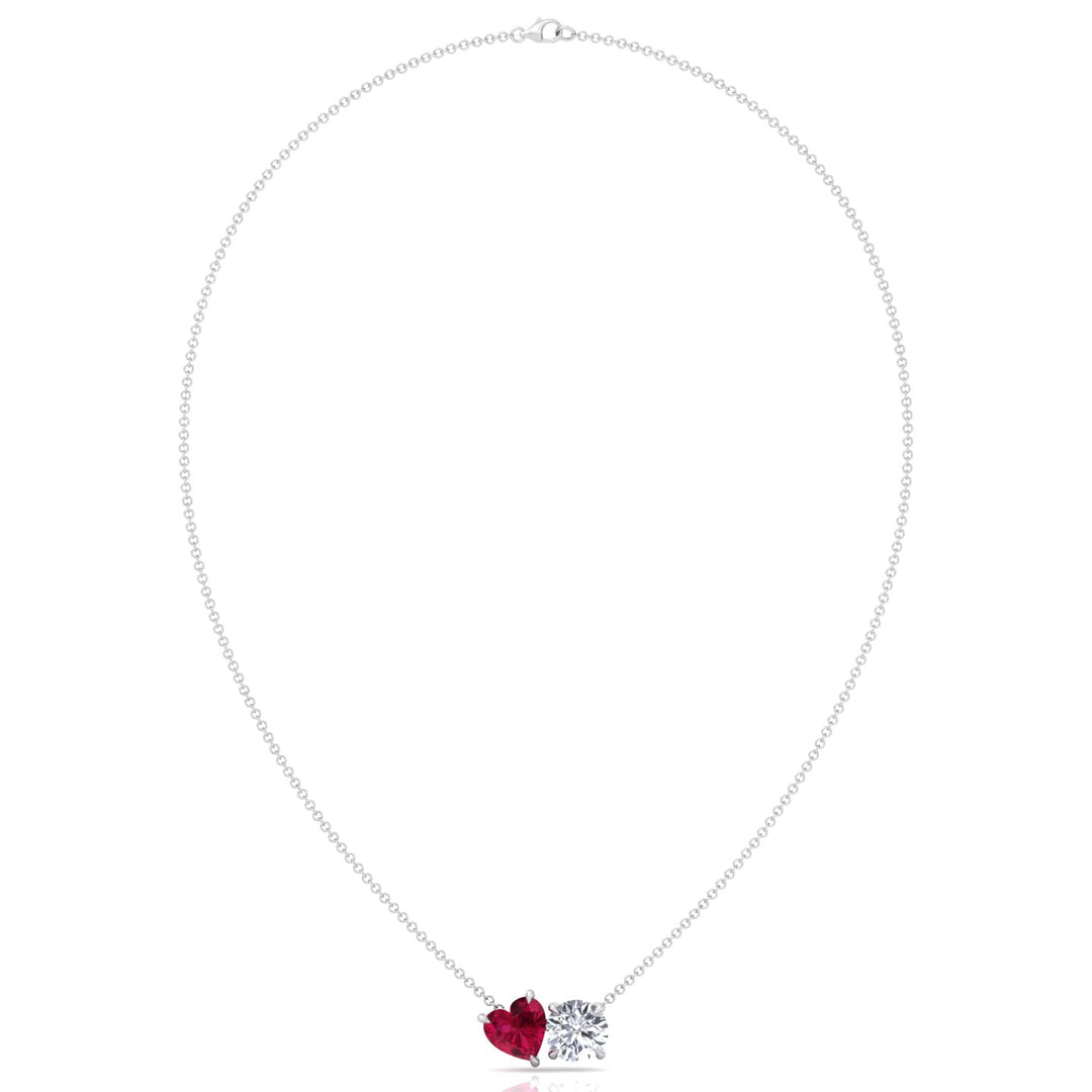 Toi Et Moi Natural Ruby Heart and Round Diamond Pendant -2CT-14K-18K-White Gold