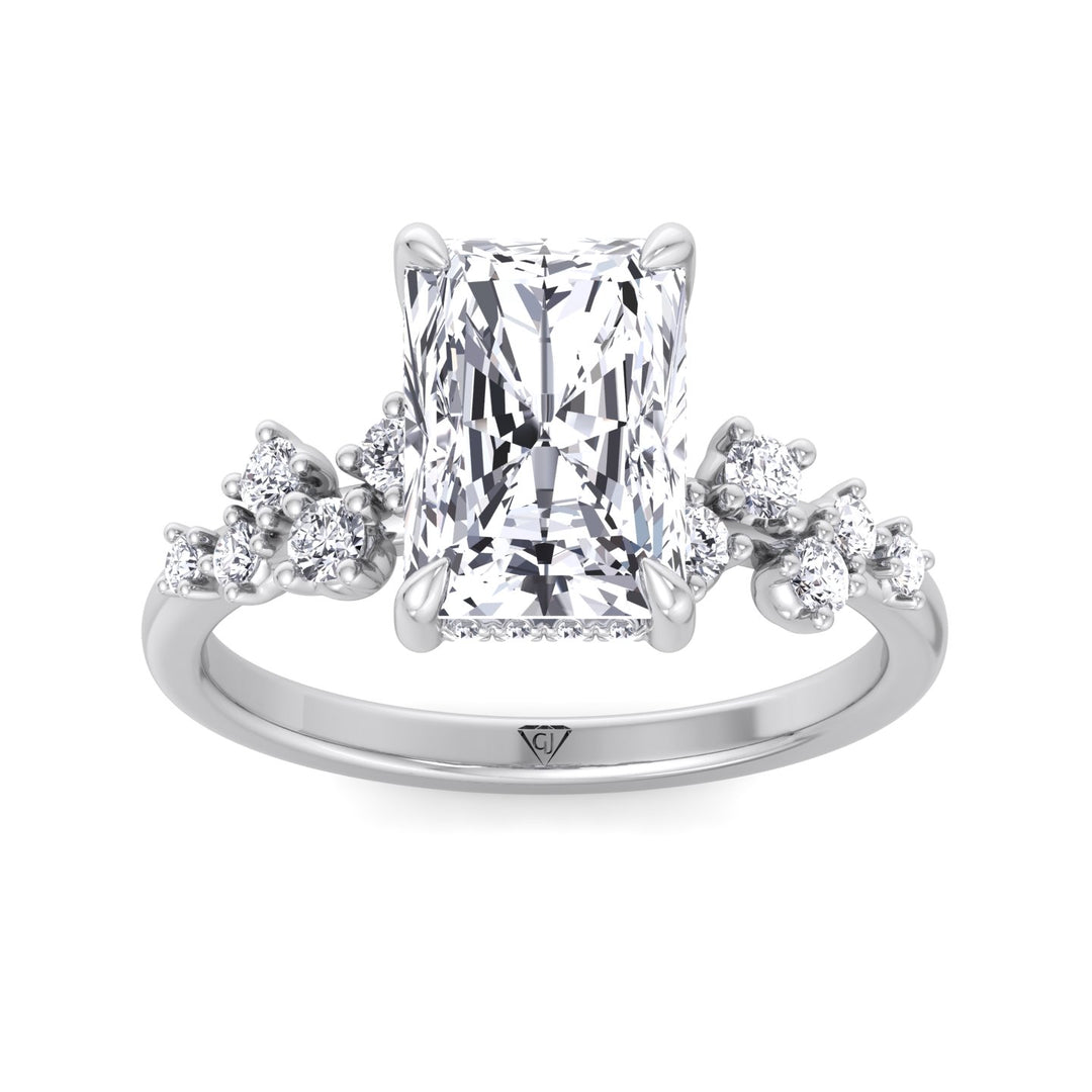 Carmela - Radiant Shape Hidden Halo Diamond Engagement Ring With Clustered Side Stones - Gem Jewelers Co