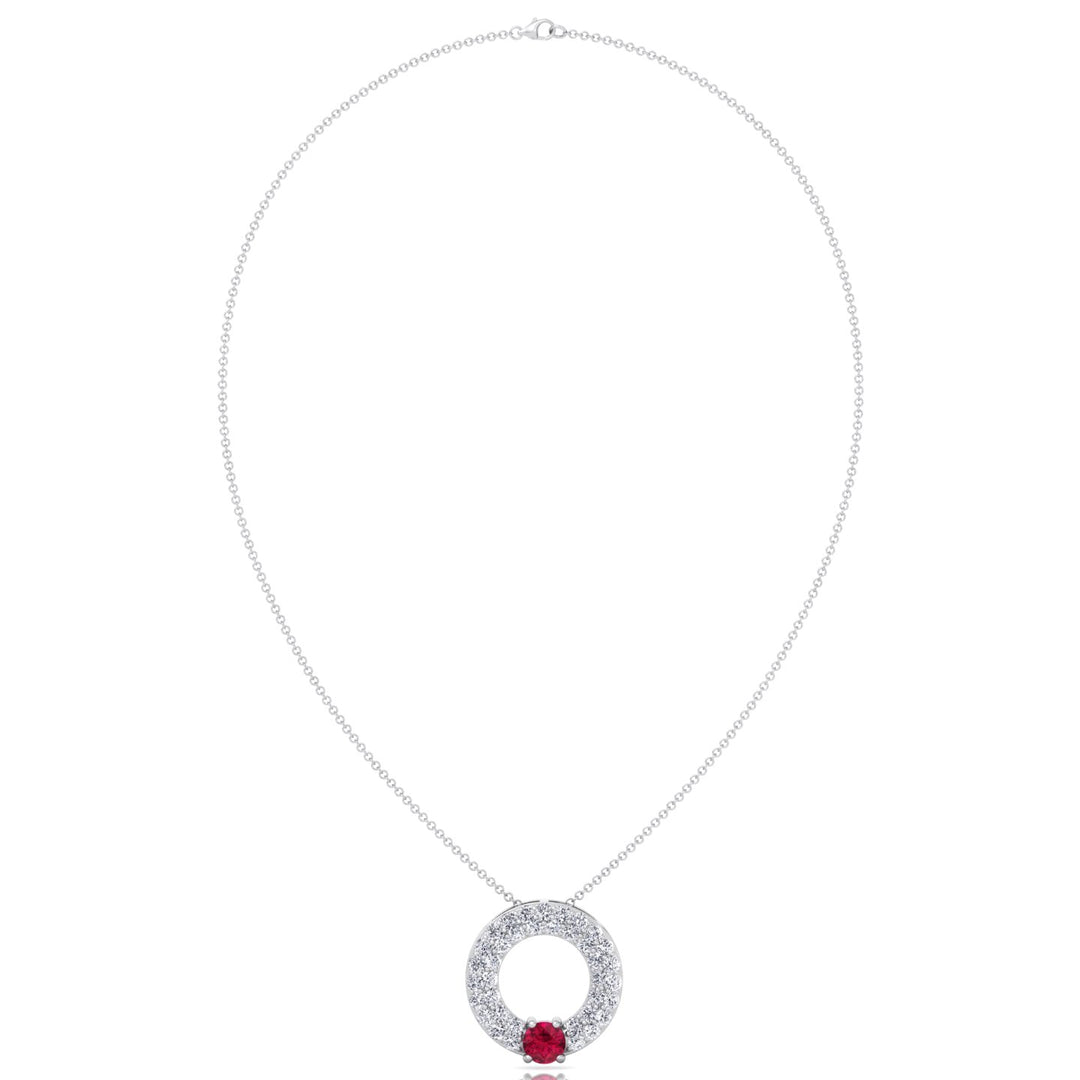 Round Shape Natural Diamond & Red Ruby Open Circle Pendant-1.25CT-White Gold