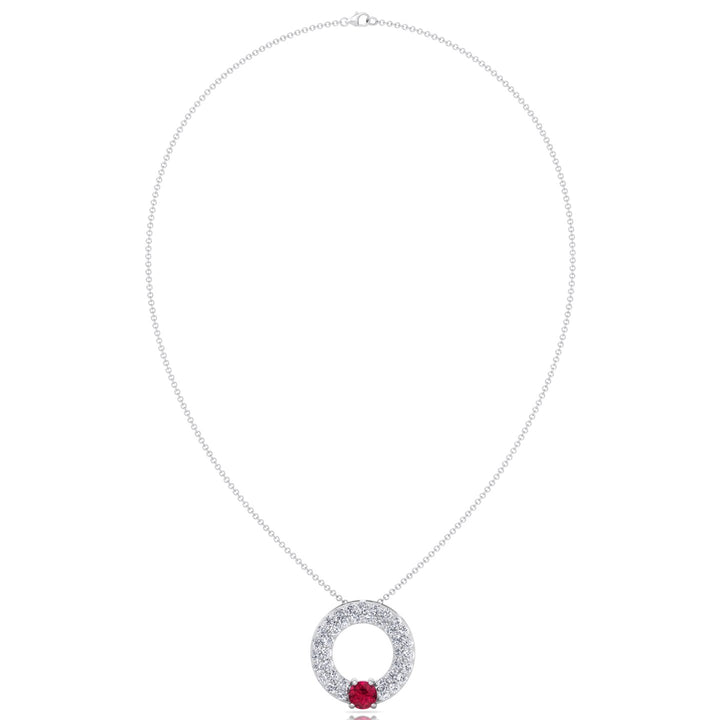 Round Shape Natural Diamond & Red Ruby Open Circle Pendant-1.25CT-White Gold