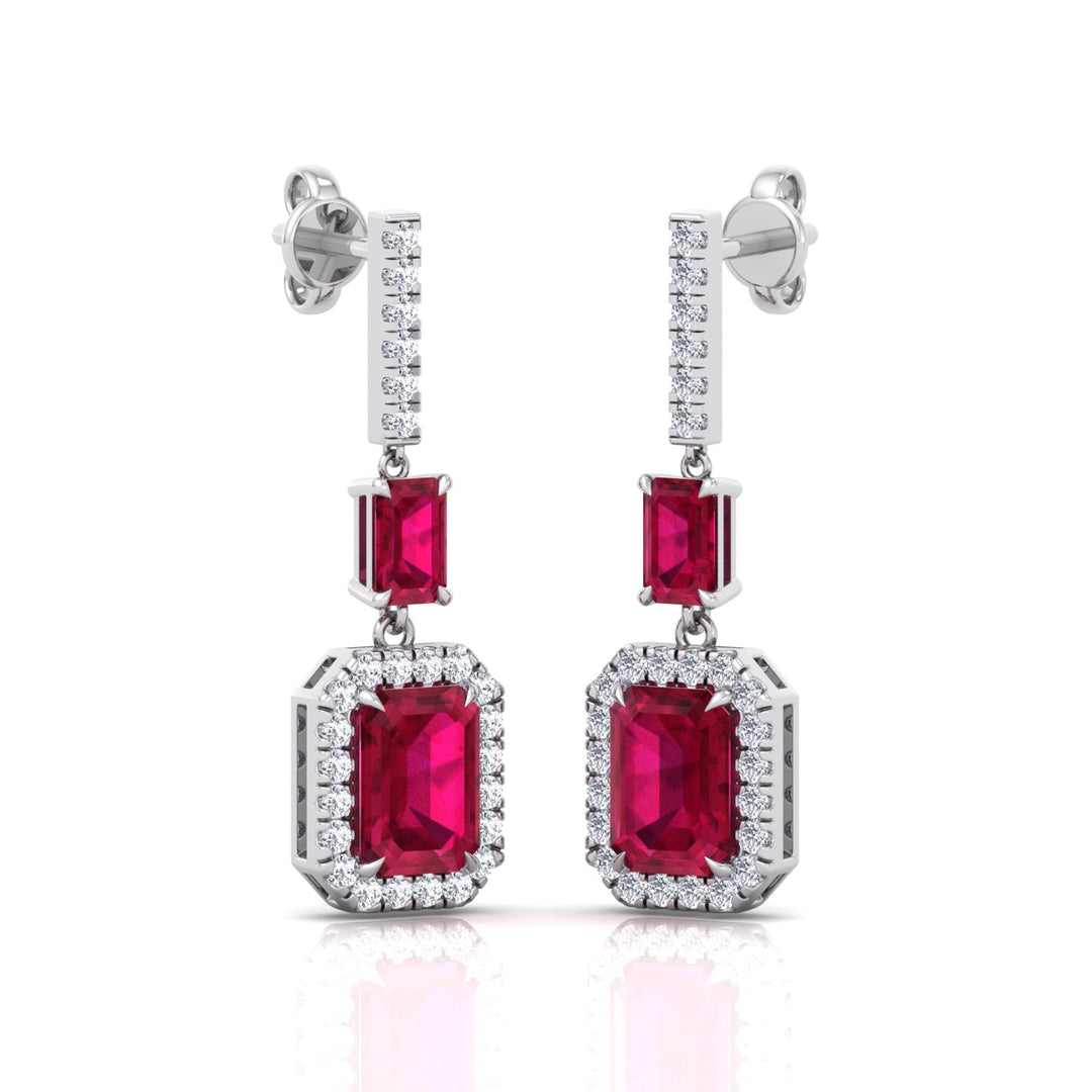 Natural Red Ruby Emerald Shape & Diamond Drop Earrings- WhiteGold- 18K