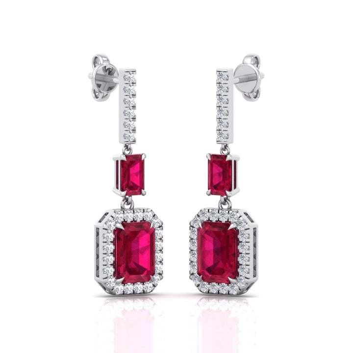 Natural Red Ruby Emerald Shape & Diamond Drop Earrings- WhiteGold- 18K