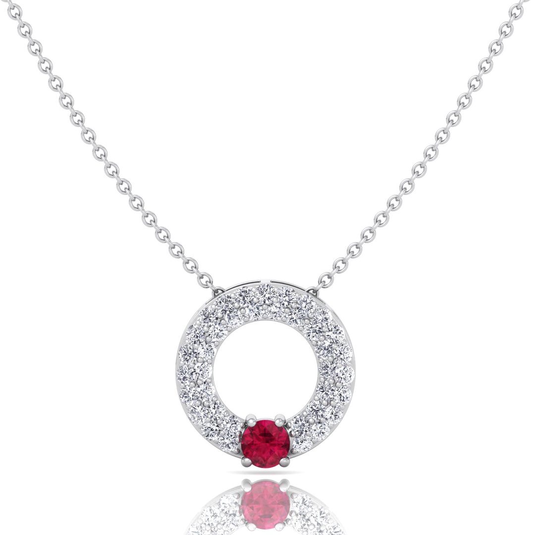 Round Shape Natural Diamond & Red Ruby Open Circle Pendant-14K-18K-White Gold