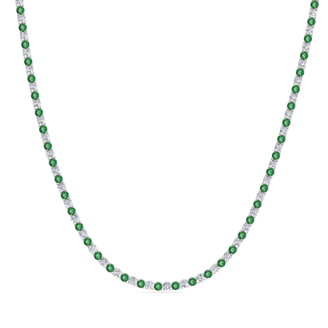 Alternating Green Emerald and Natural Diamond Tennis Necklace 14K Solid Gold