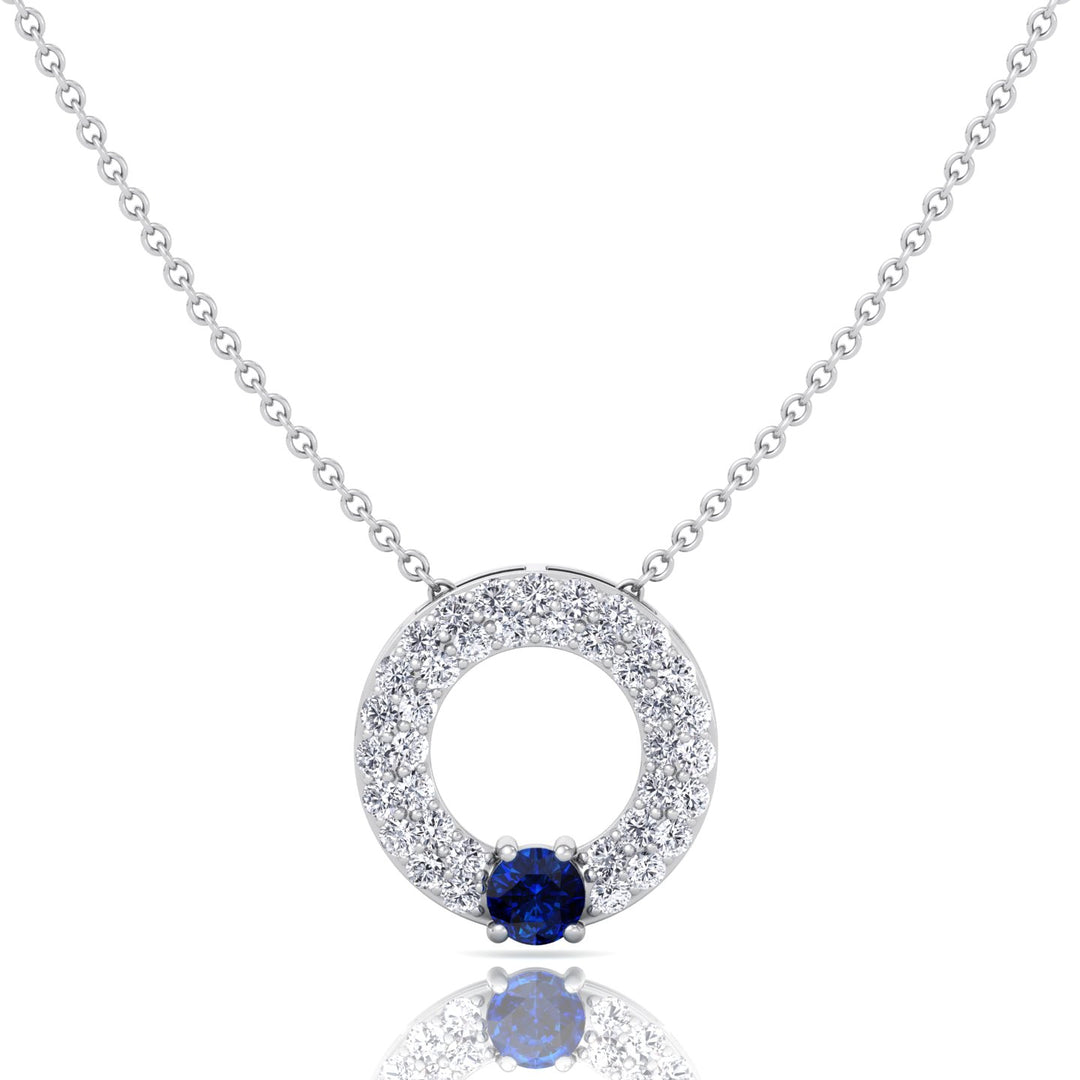 Round Shape Natural Diamond & Blue Sapphire Open Circle Pendant-1.25CT-White Gold