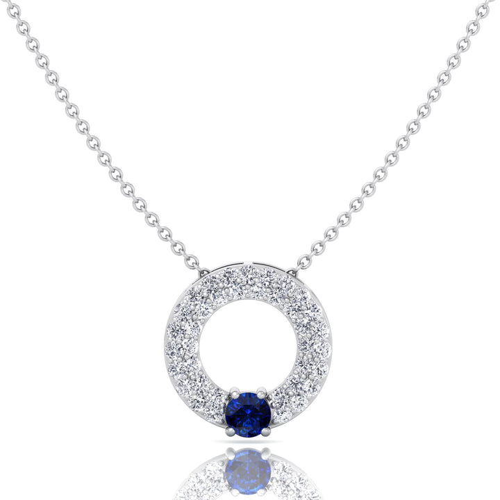 Round Shape Natural Diamond & Blue Sapphire Open Circle Pendant-1.25CT-White Gold