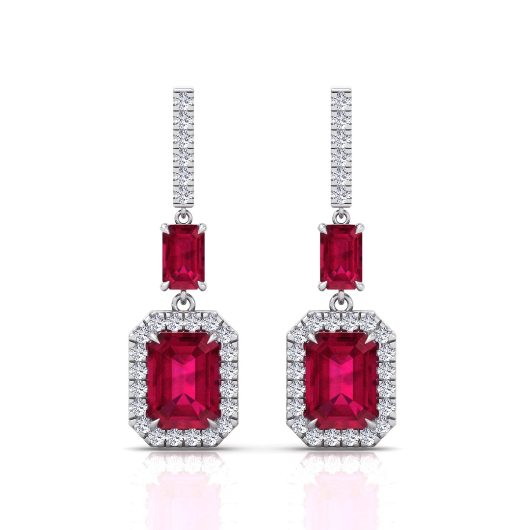 Natural Red Ruby Emerald Shape & Diamond Drop Earrings- WhiteGold- 14K