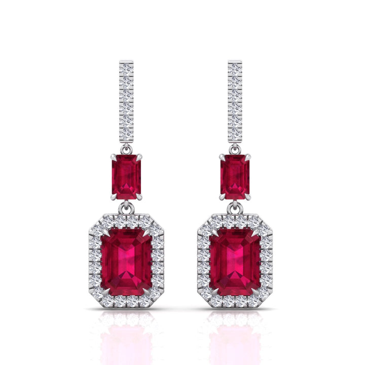 Natural Red Ruby Emerald Shape & Diamond Drop Earrings- WhiteGold- 14K