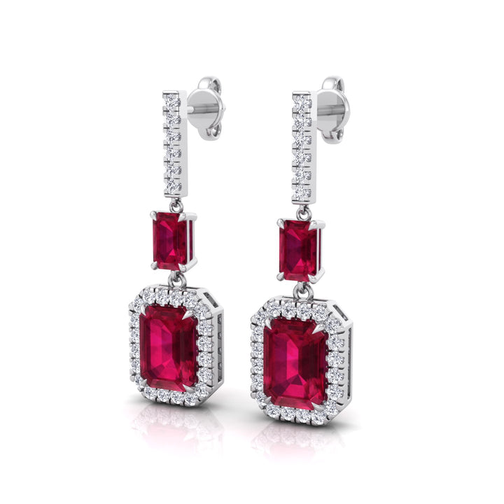 Natural Red Ruby Emerald Shape & Diamond Drop Earrings- White Gold- 14K