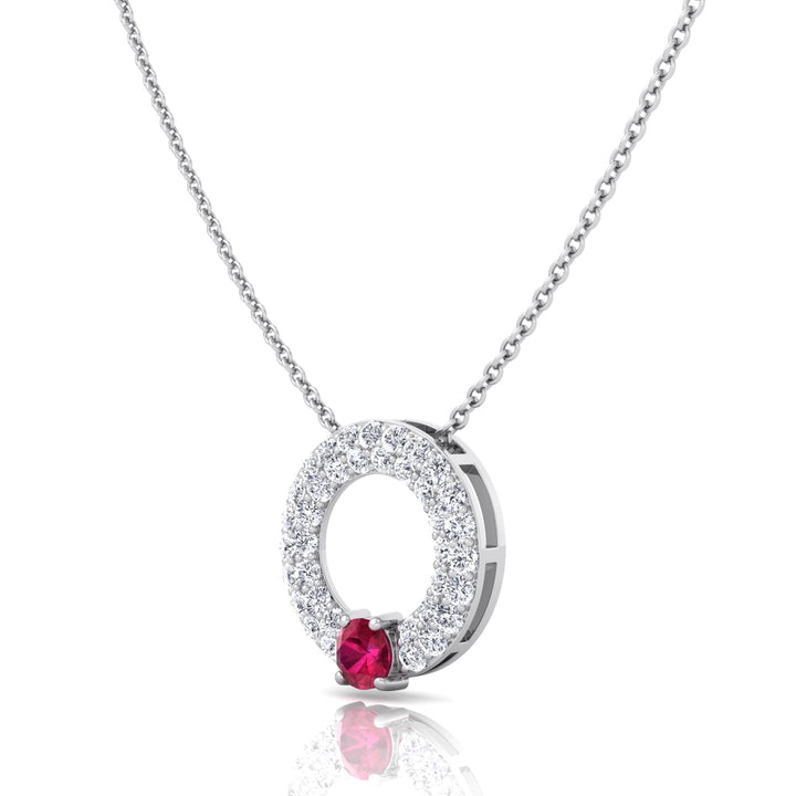Round Shape Natural Diamond & Red Ruby Open Circle Pendant-1.25CT-14K-White Gold