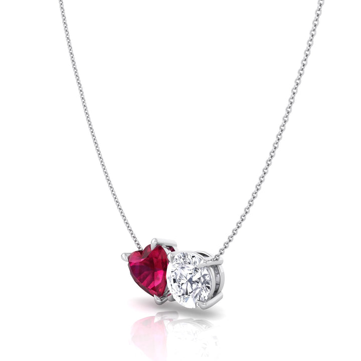 Toi Et Moi Natural Ruby Heart and Round Diamond Pendant-4CT-14K-18K-White Gold