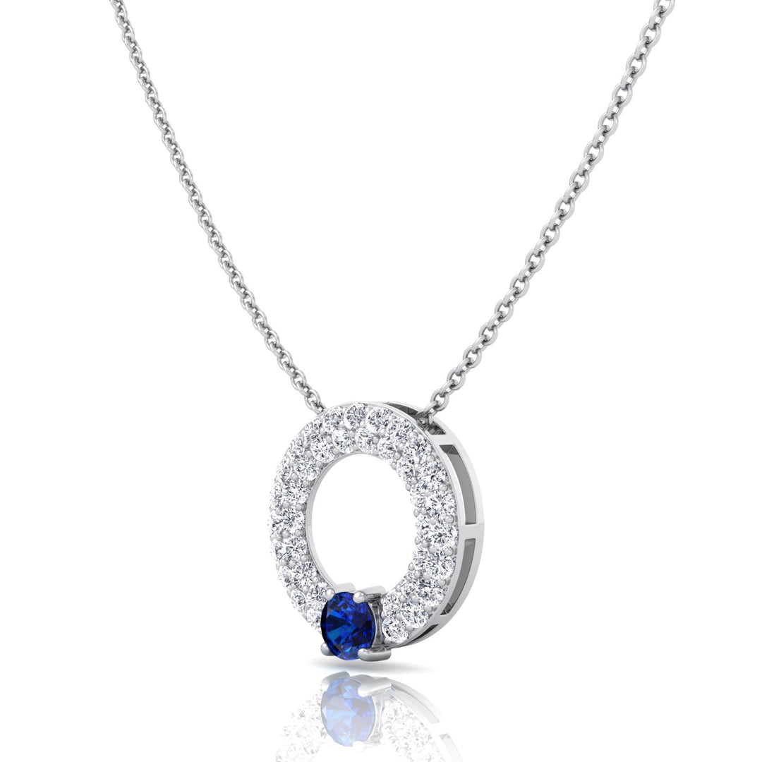 Round Shape Natural Diamond & Blue Sapphire Open Circle Pendant--14K-18K-White Gold