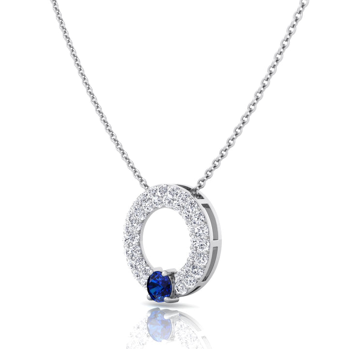 Round Shape Natural Diamond & Blue Sapphire Open Circle Pendant--14K-18K-White Gold