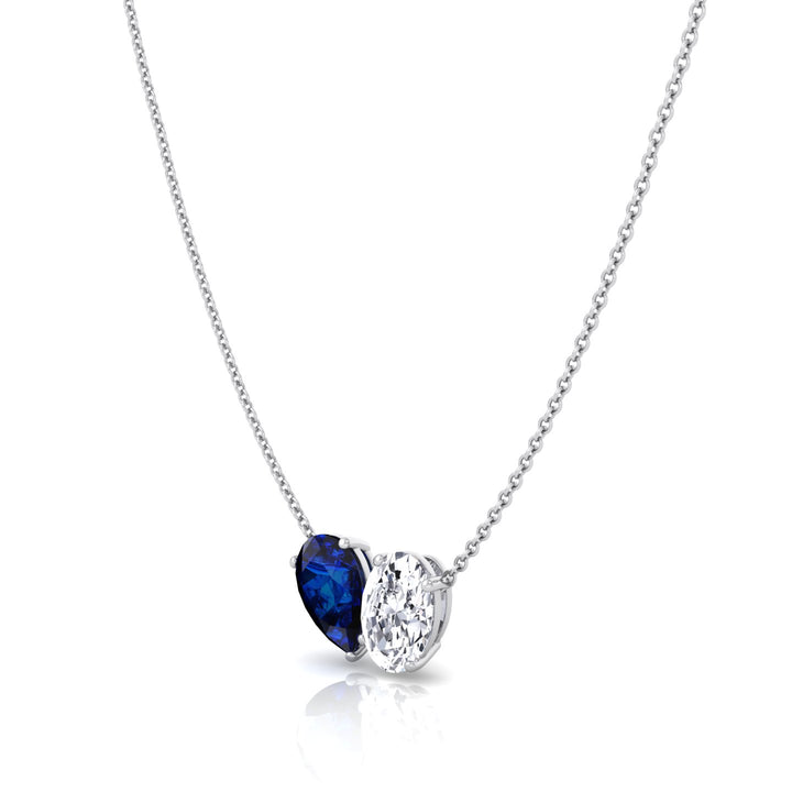 Natural Pear Shape Sapphire and Oval Diamond Pendant White Gold 18K