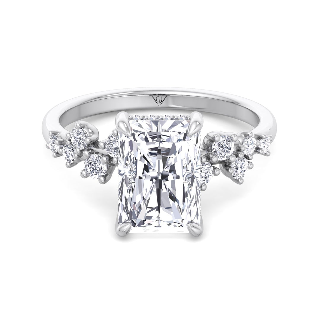 Carmela - Radiant Shape Hidden Halo Diamond Engagement Ring With Clustered Side Stones - Gem Jewelers Co