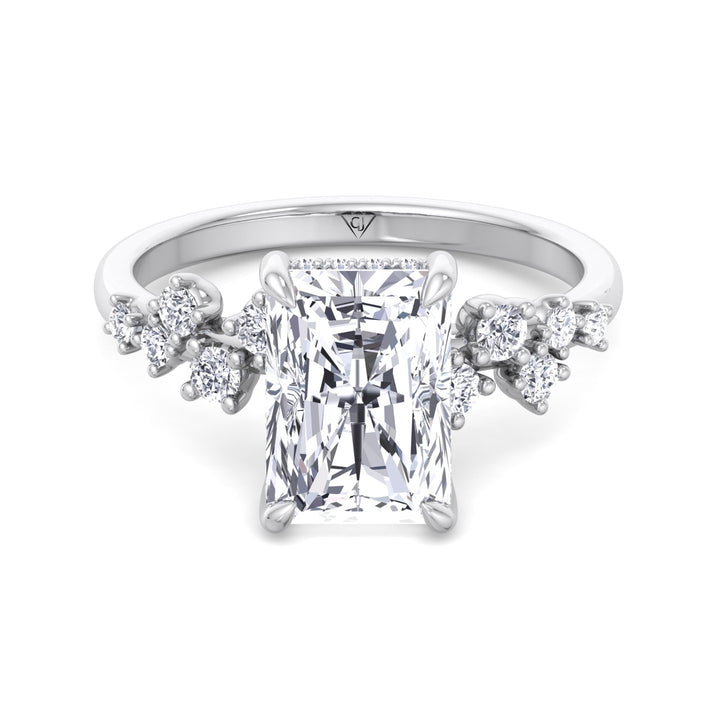 Carmela - Radiant Shape Hidden Halo Diamond Engagement Ring With Clustered Side Stones - Gem Jewelers Co