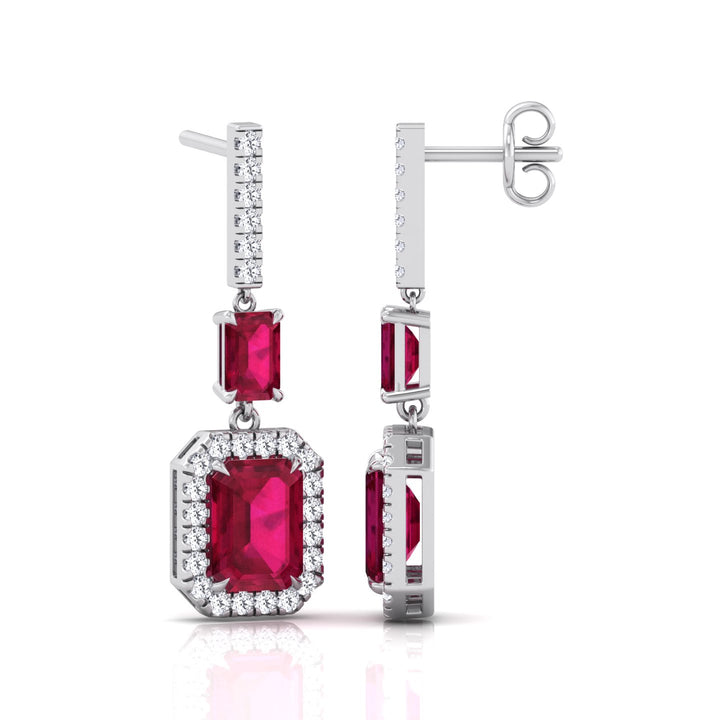 Natural Red Ruby Emerald Shape & Diamond Drop Earrings- WhiteGold- 4.5CT