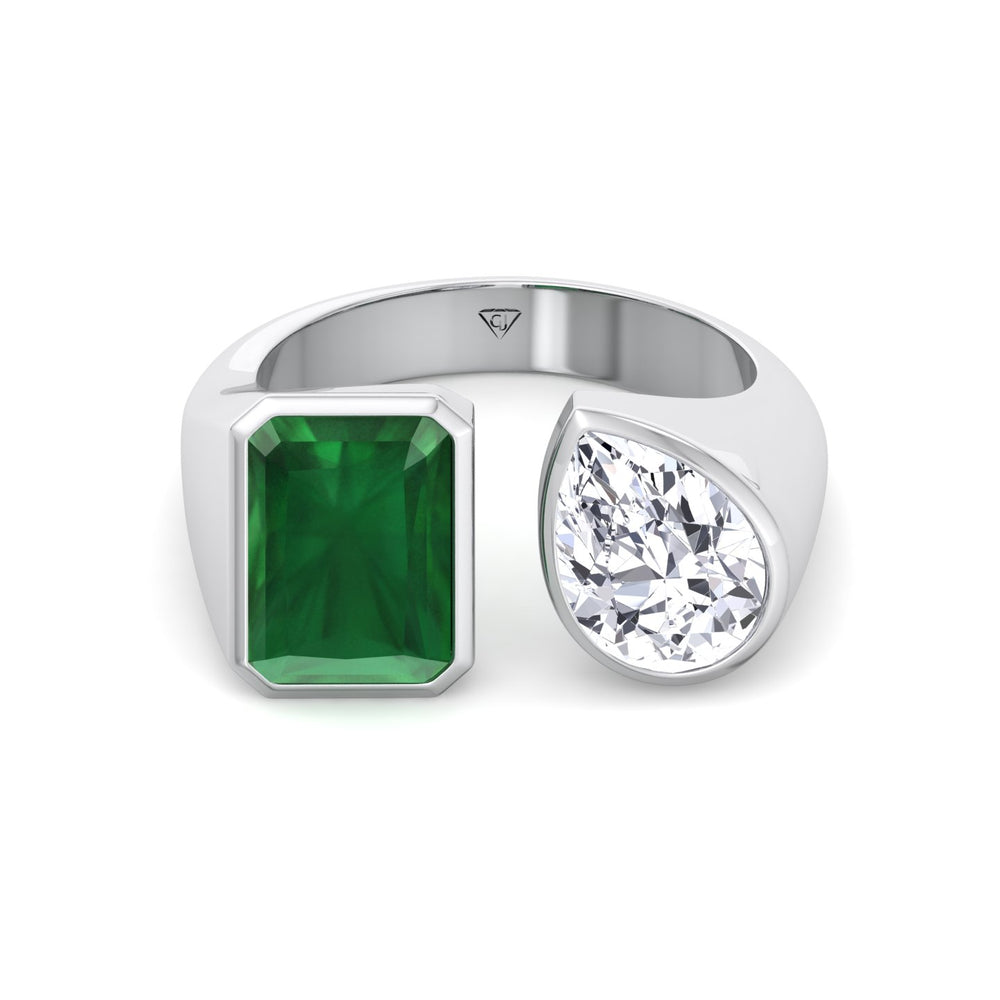 Pamina - Bezel Set Toi Et Moi Green Emerald and Pear Shape Diamond Open Ring - Gem Jewelers Co