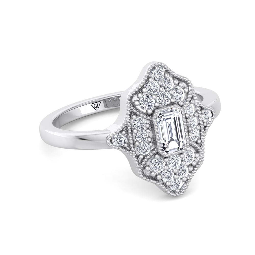 Ornella - Vintage Style Emerald Shape Diamond Engagement Ring With Round Side Stone - Gem Jewelers Co