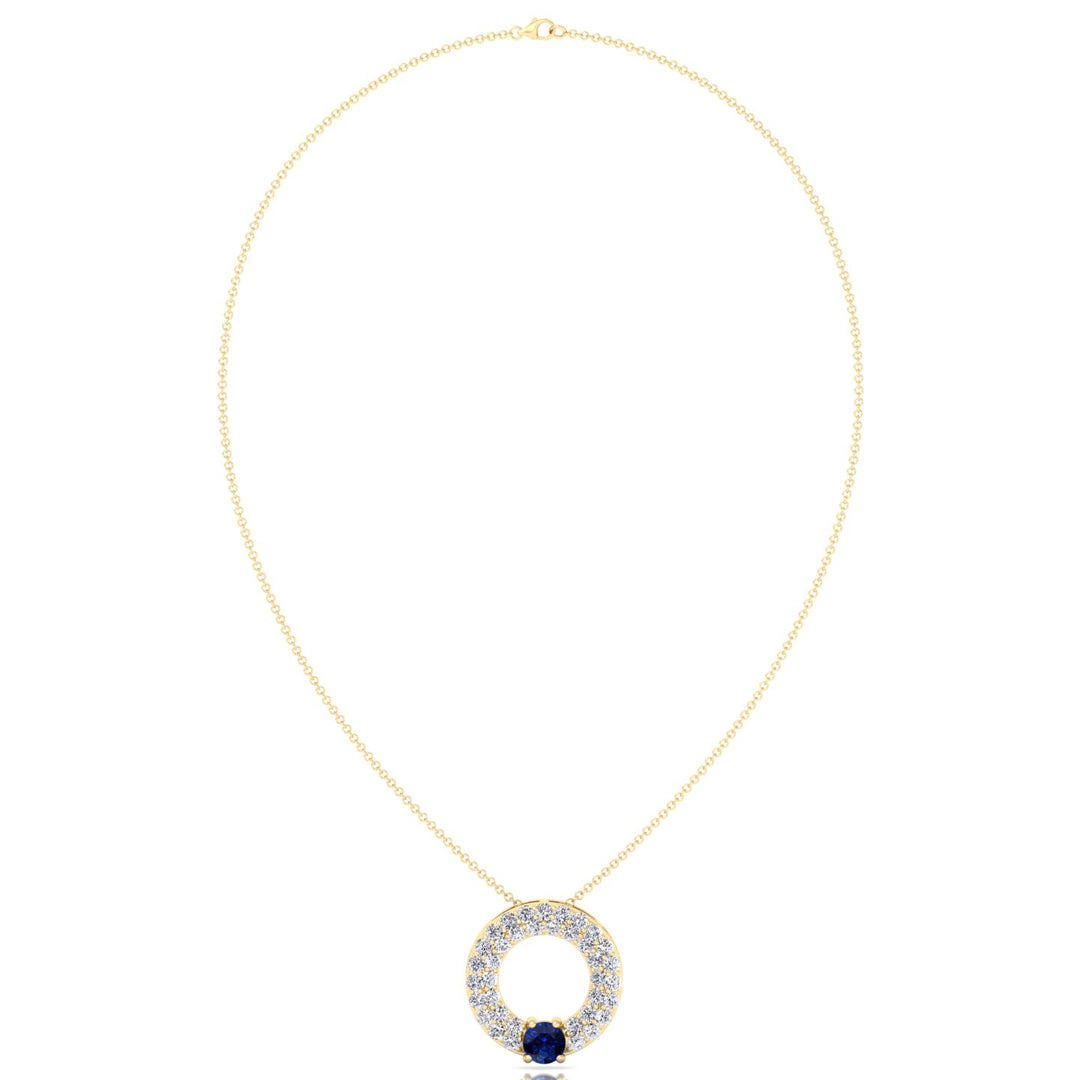 Round Shape Natural Diamond & Blue Sapphire Open Circle Pendant-1.25CT-18K-Yellow Gold