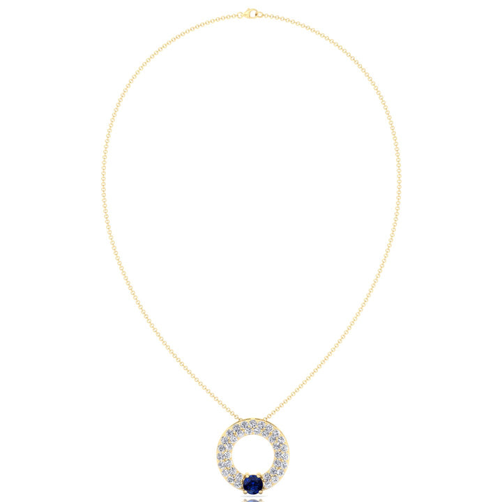 Round Shape Natural Diamond & Blue Sapphire Open Circle Pendant-1.25CT-18K-Yellow Gold