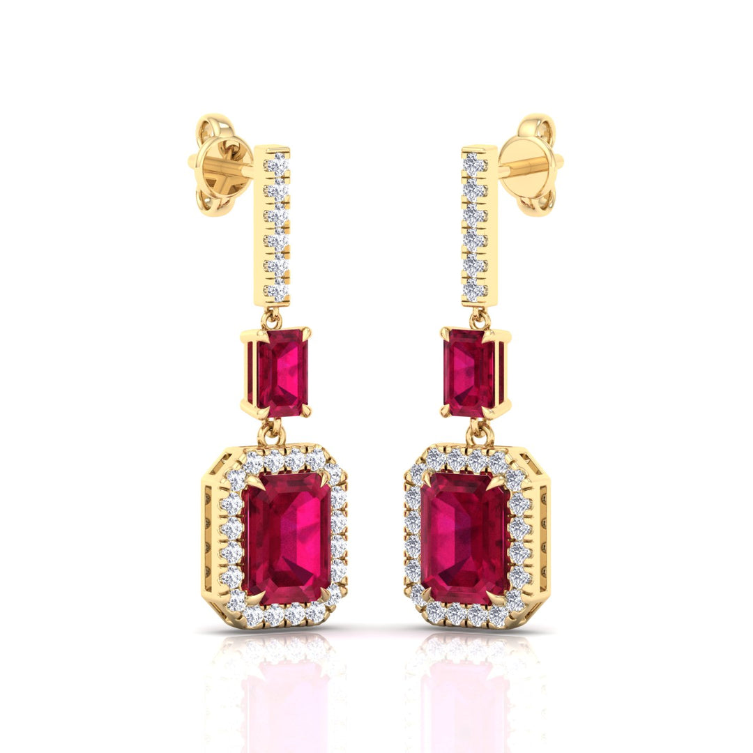 Natural Red Ruby Emerald Shape & Diamond Drop Earrings- Yellow Gold - 18K