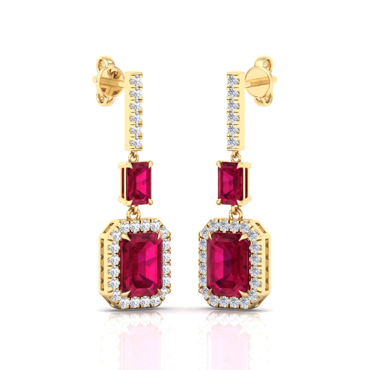 Natural Red Ruby Emerald Shape & Diamond Drop Earrings- Yellow Gold - 18K