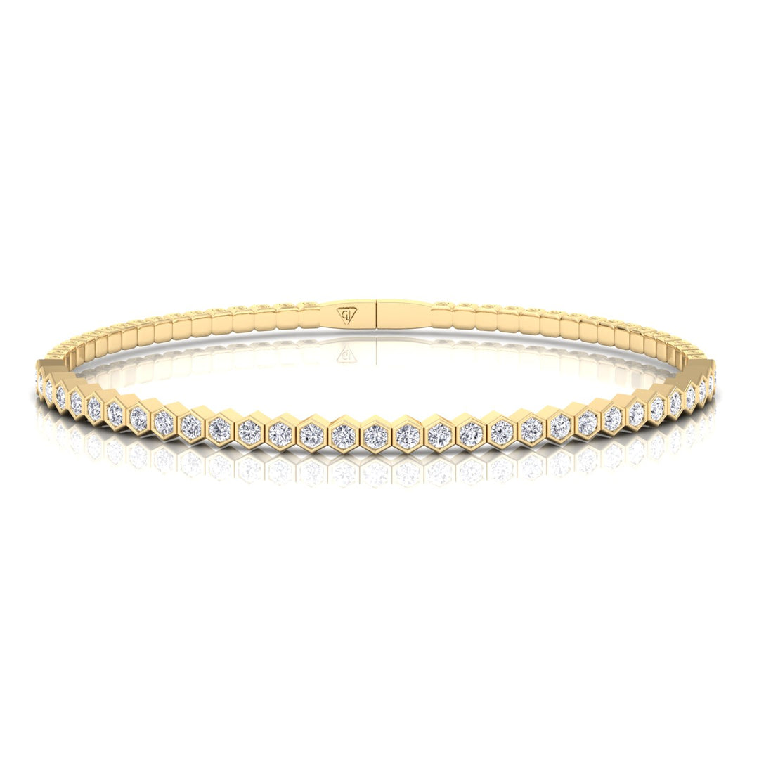 Hexagonal Bezel Set Natural Diamond Flexible Bangle Yellow Gold 14K 18K