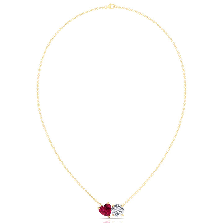 Toi Et Moi Natural Ruby Heart and Round Diamond Pendant -2CT-14K-18K-Yellow Gold