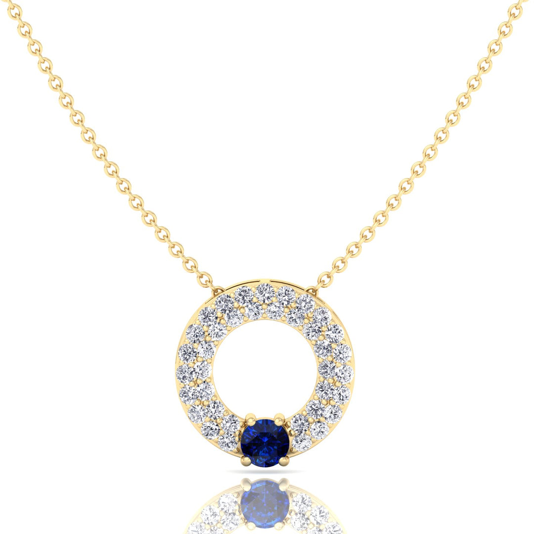 Round Shape Natural Diamond & Blue Sapphire Open Circle Pendant-1.25CT-Yellow Gold