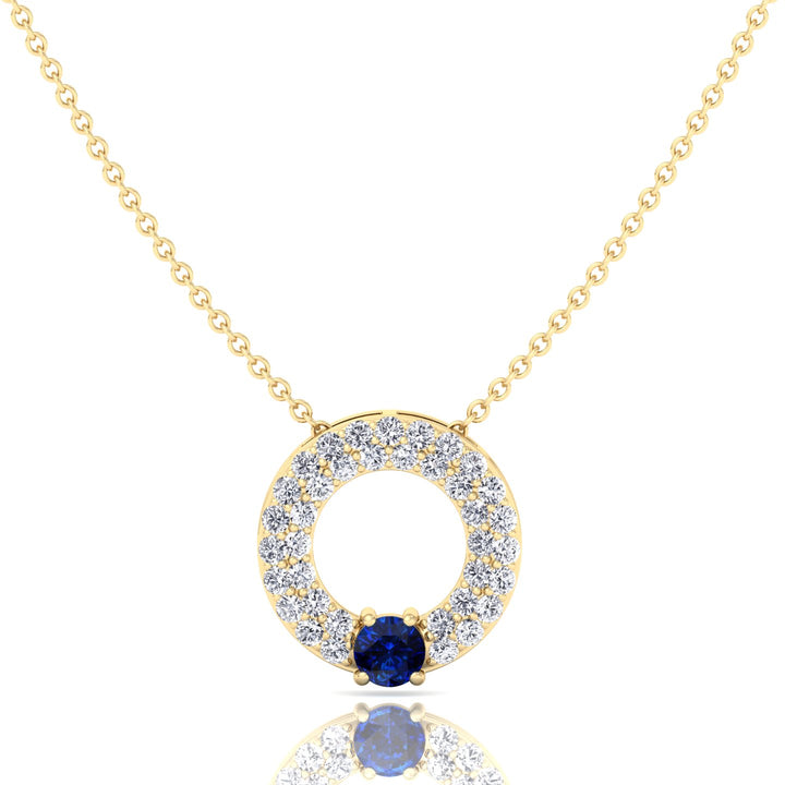 Round Shape Natural Diamond & Blue Sapphire Open Circle Pendant-1.25CT-Yellow Gold
