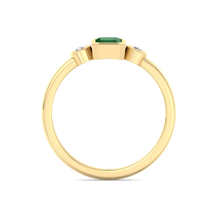 Bezel Set Three Stone Natural Green Emerald and Diamond Engagement Ring