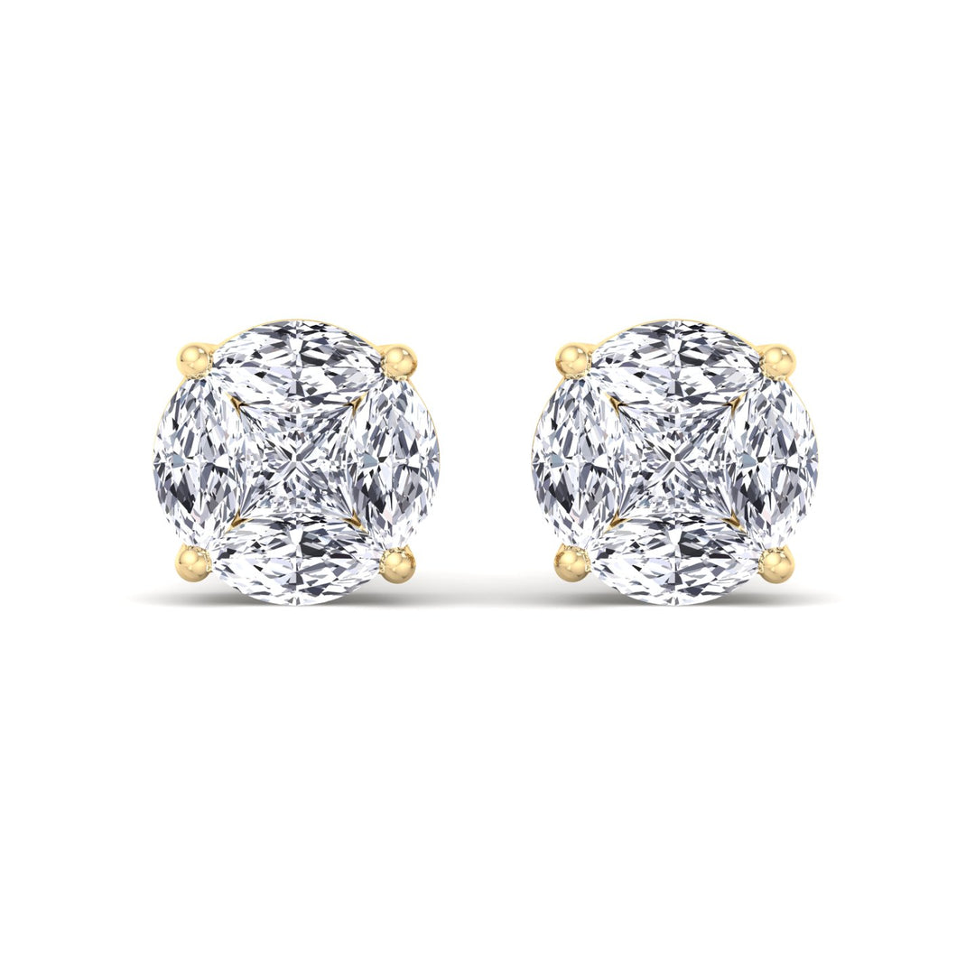 Marquise and Princess Shape Natural Diamond Clustered Stud Earrings