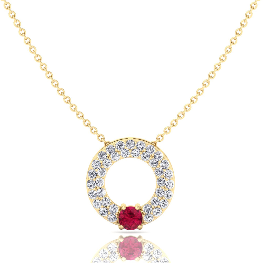 Round Shape Natural Diamond & Red Ruby Open Circle Pendant-14K-18K-Yellow Gold