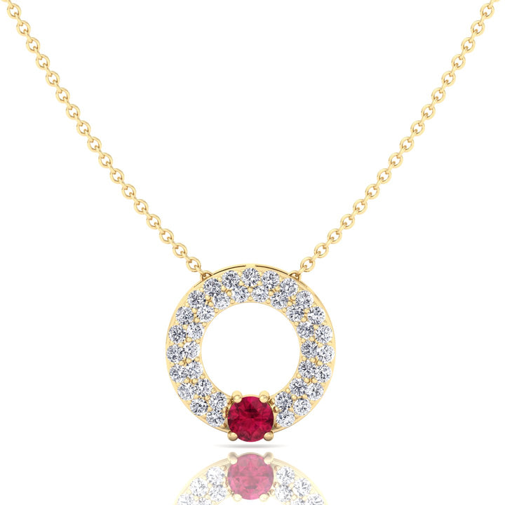 Round Shape Natural Diamond & Red Ruby Open Circle Pendant-14K-18K-Yellow Gold