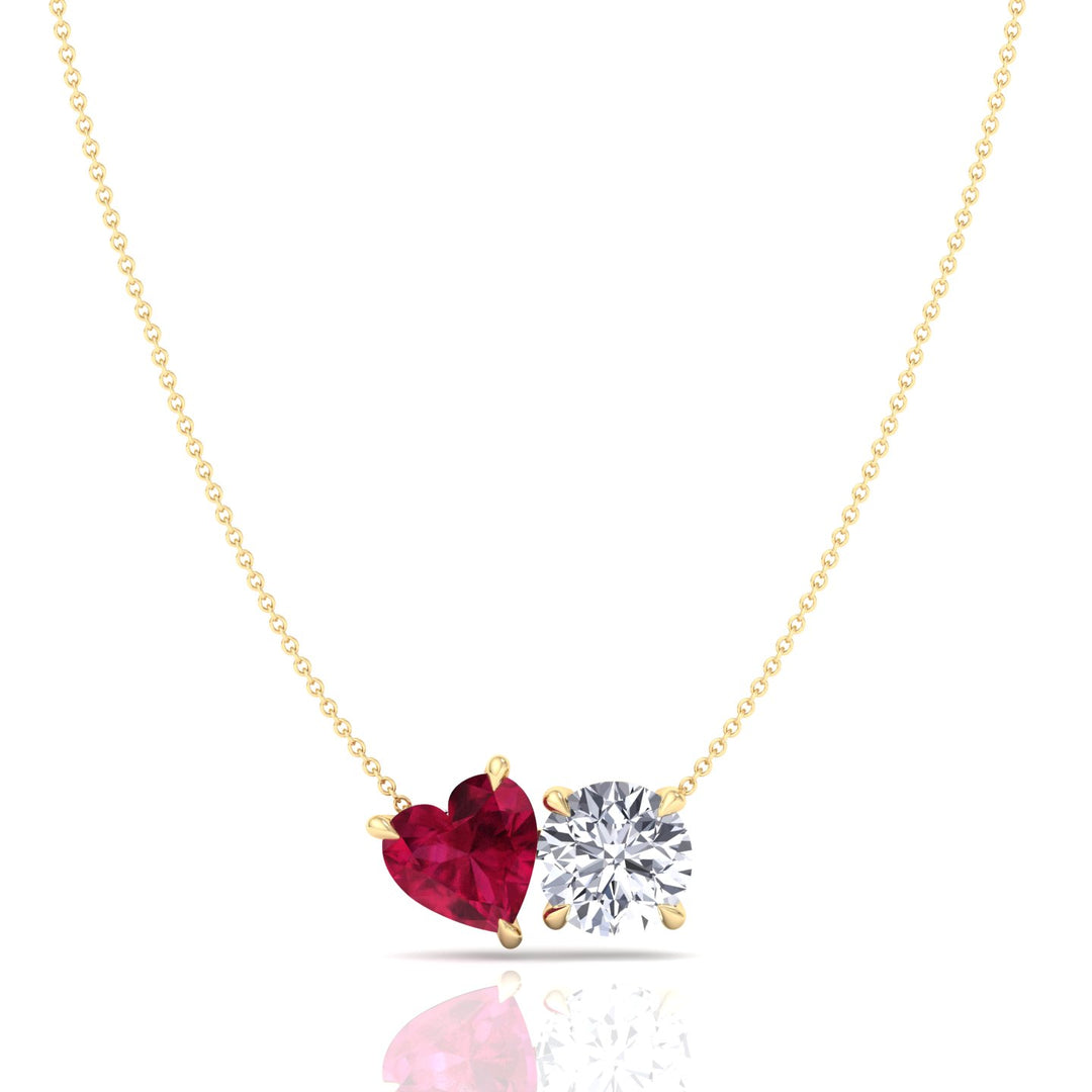 Toi Et Moi Natural Ruby Heart and Round Diamond Pendant -2CT-4CT-14K-18K-Yellow Gold
