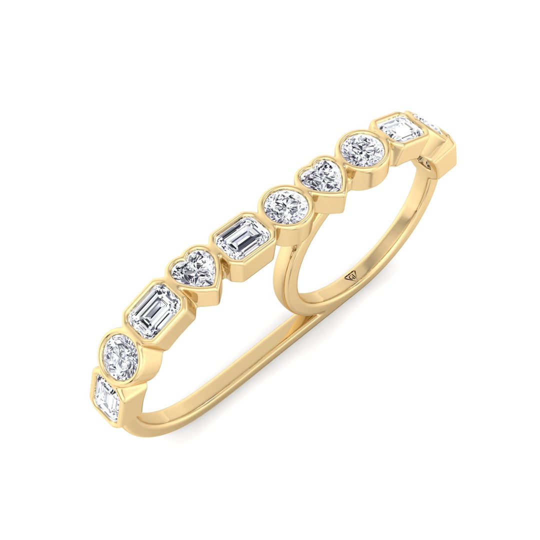 Fancy Bezel Multi Shape Natural Diamond Two Finger Ring Yellow Gold 2CT 18K